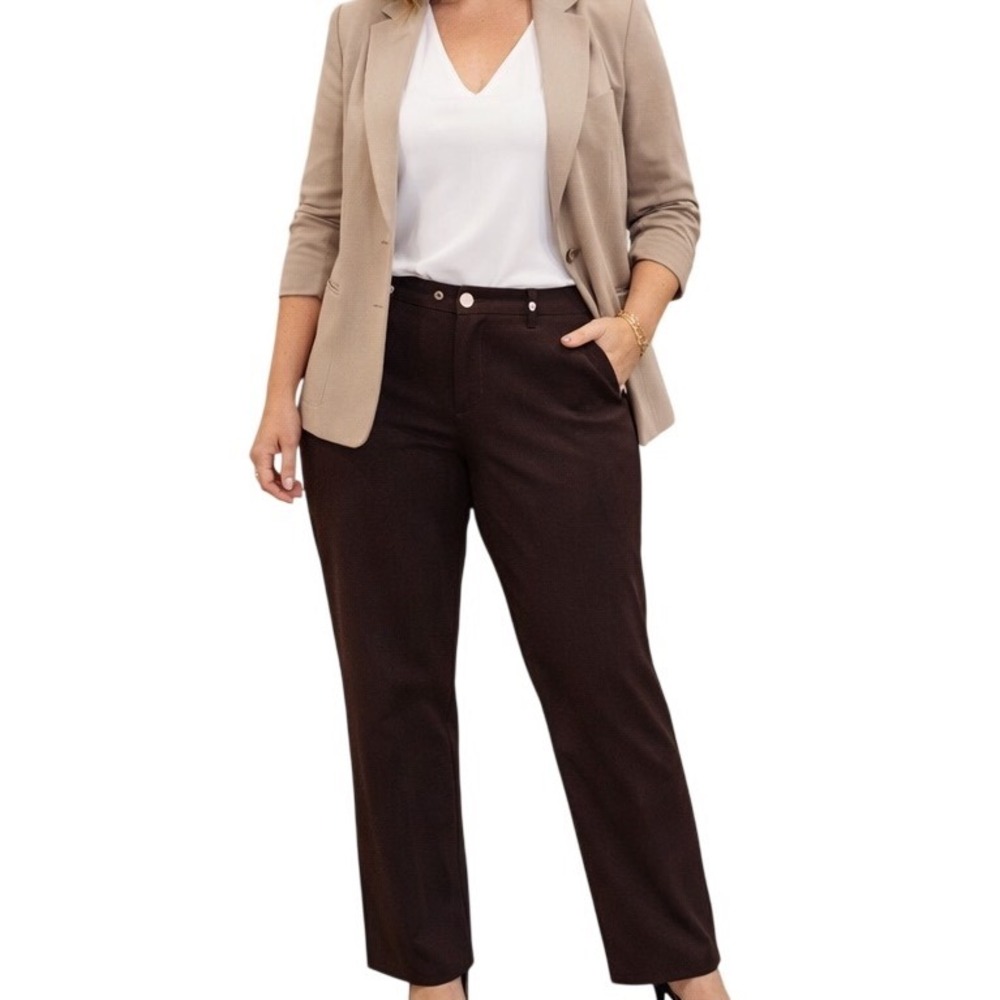 Catherines Women's Sateen Stretch Straight Leg Casual Curvy Pants Brown Size 18P